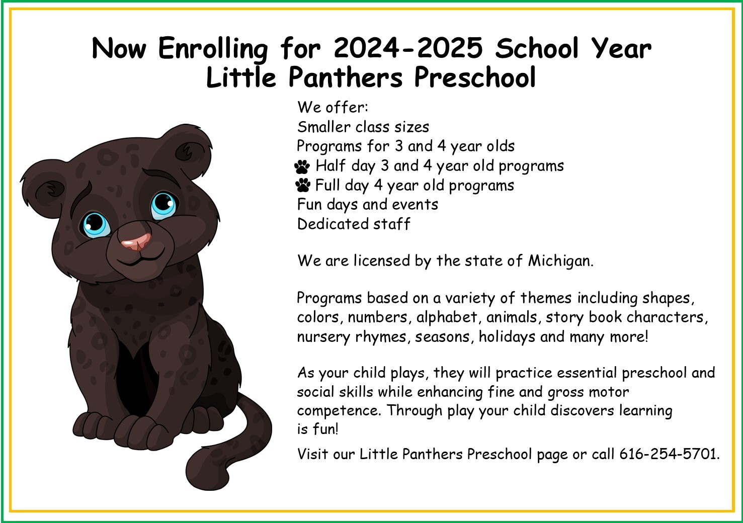 General Little Panthers Preschool information with webpage link and phone number.